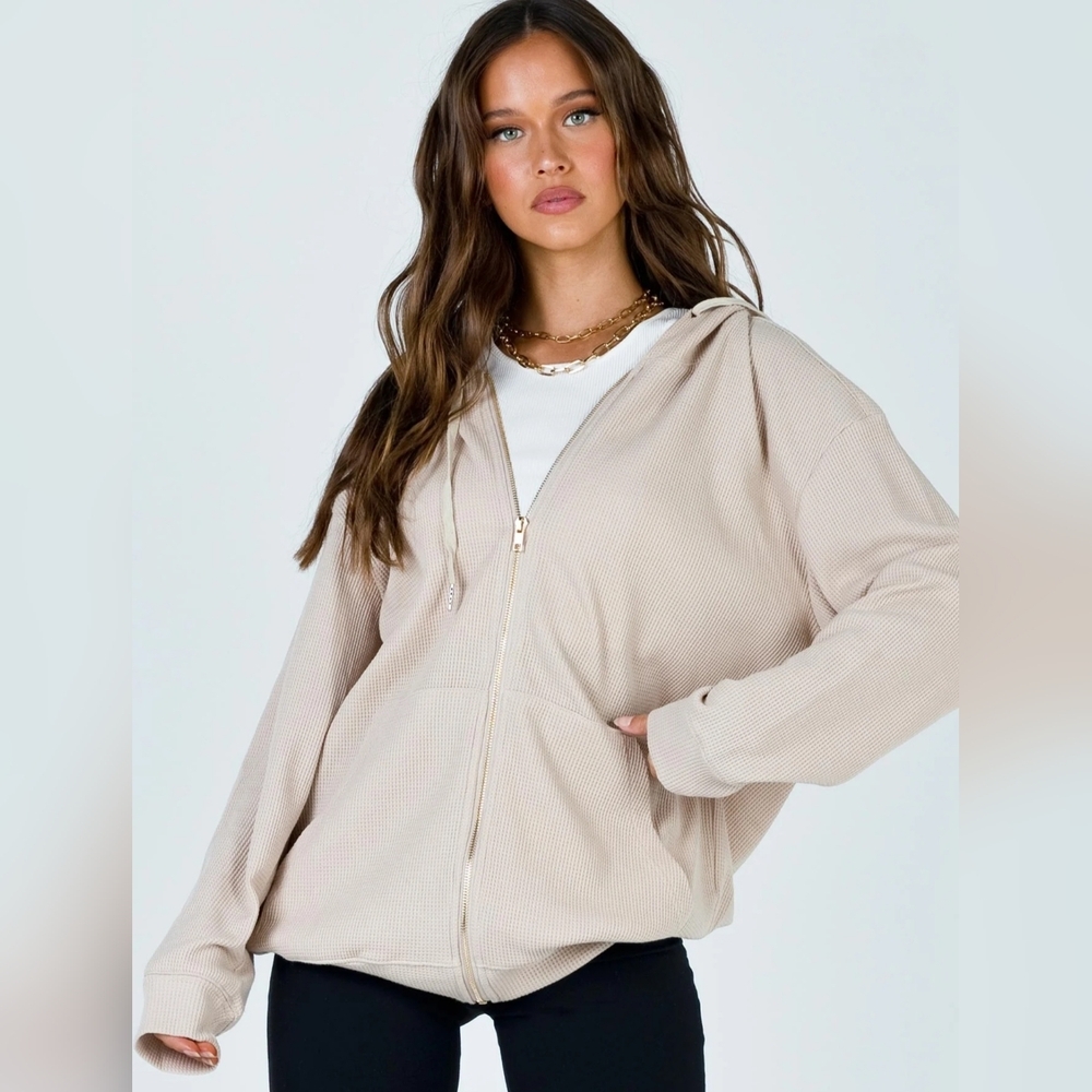 Princess Polly Audrey Oversized Zip Up Beige Waffle Knit Sweatshirt Hoodie Sz 6